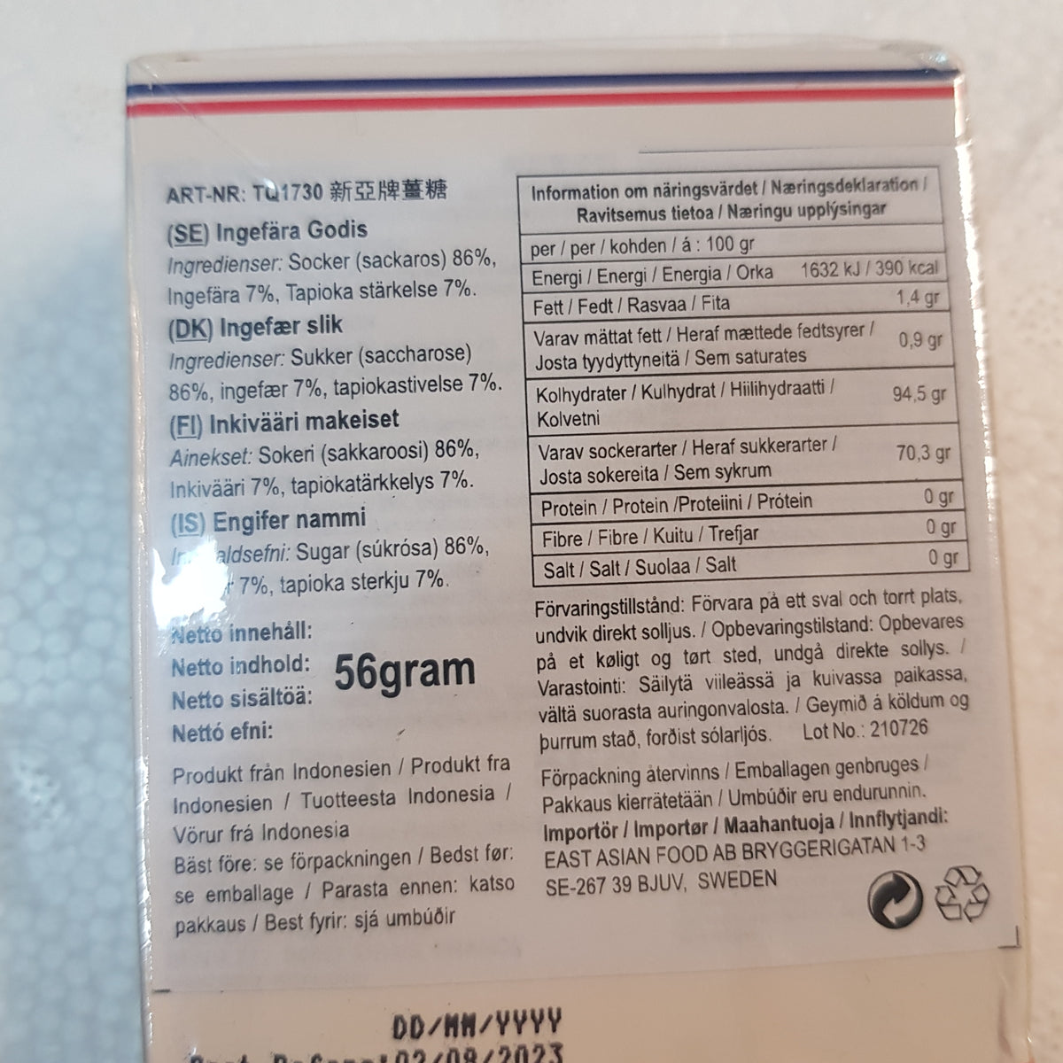 Ingefära godis 56g, Sina